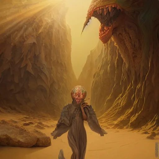 Image similar to a hyperrealistic illustration of a monster covered in sand, desert with rocks with fractal sunlight, award-winning, masterpiece, in the style of Tom Bagshaw, Cedric Peyravernay, Peter Mohrbacher