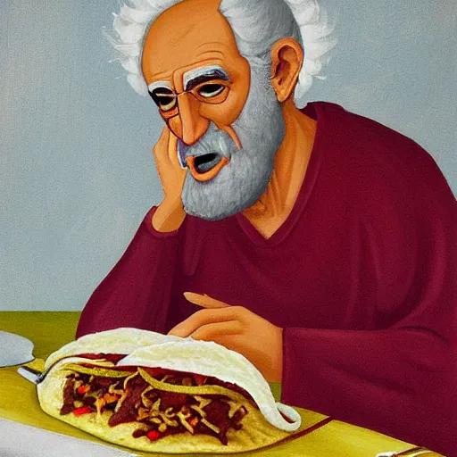 Prompt: St. Peter eating a taco, painted by yuumei