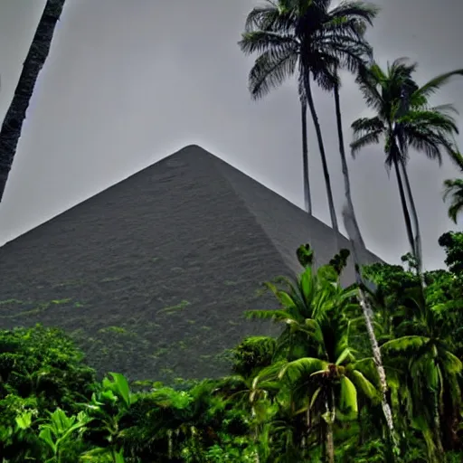 Image similar to a giant pyramid in a tropical jungle. overcast sky, grainy.