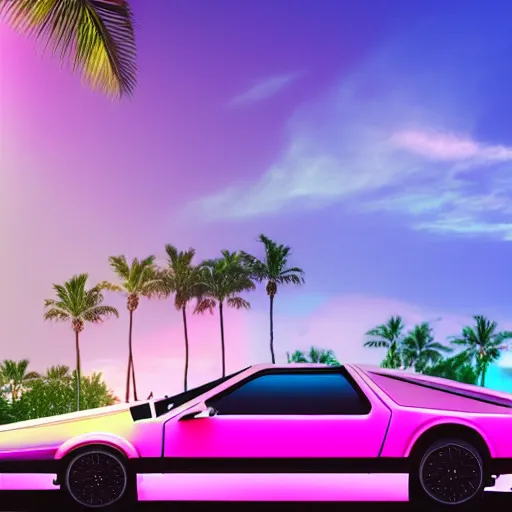 Image similar to miami beach sunset vapor wave palm trees 80s synth retrowave delorean close up ultra detail contrast specular metal car door details realistic render parts chrome