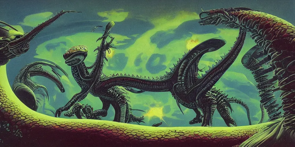 Prompt: alien space dragon by Roger Dean art