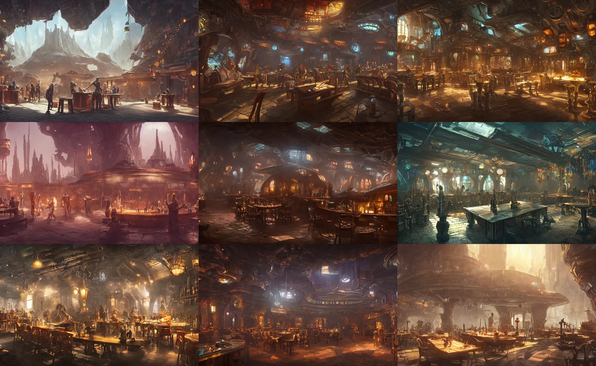 Prompt: a tavern in a sci - fi fantasy city, dnd, futuristic, chrome, geometric, beautiful, soft light, ultra detailed, matte painting, unreal engine, 4 k