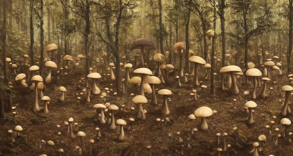 Prompt: A tribal village in a forest of giant mushrooms, by Alyssa Monks