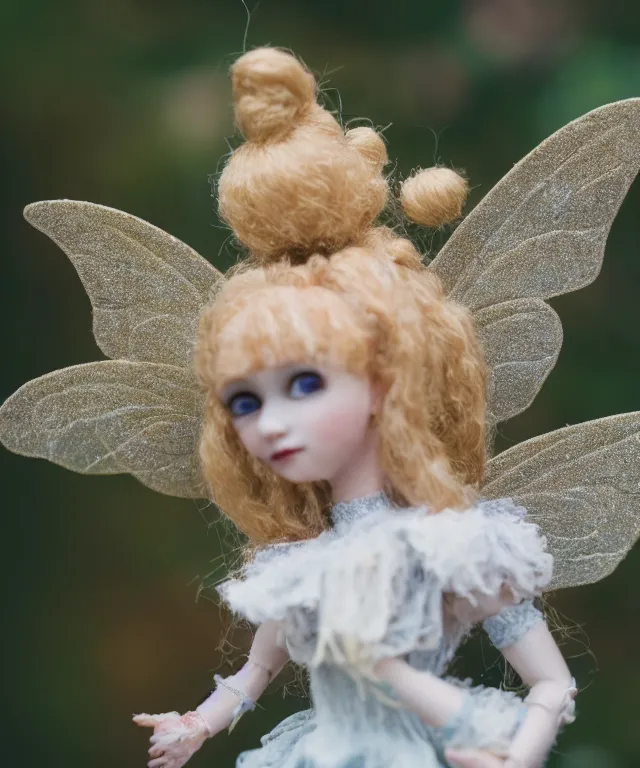 Image similar to high quality presentation photo of a detailed fairy doll in the style of Nicoletta Ceccoli photography 4k f1.8 anamorphic bokeh 4k Canon Nikon