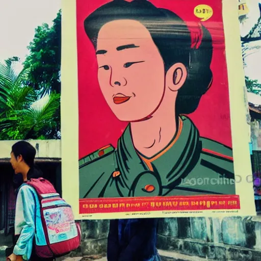 Image similar to 20 year old tourist wearing a backpack walking through hanoi. Vietnamese propaganda poster.