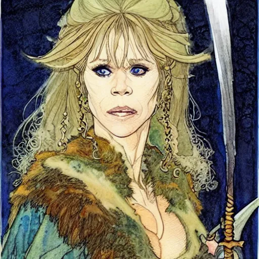 Image similar to a realistic and atmospheric watercolour fantasy character concept art portrait of jane fonda in her 2 0 s as a druidic warrior wizard looking at the camera with an intelligent gaze by rebecca guay, michael kaluta, charles vess and jean moebius giraud