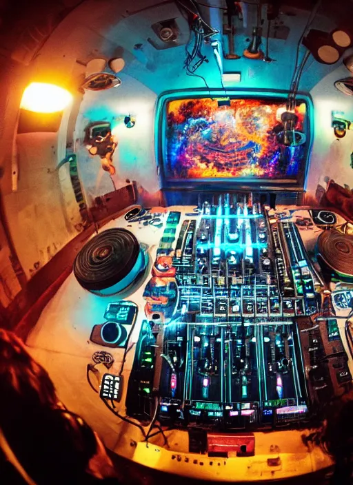 Prompt: analogue photo of an Tribal DJ entertaining crowd on a spaceship, planet earth can be seen from spaceship window, wide angle,