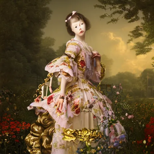 Image similar to 8k, octane render, realism, tonalism, renaissance, rococo, baroque, portrait of a young lady wearing long harajuku manga dress with flowers and skulls standing in a renaissance park, chaotic gold leaf flowers