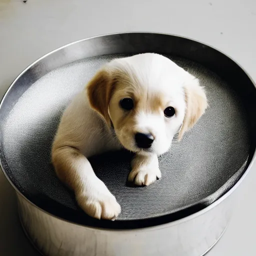 Image similar to puppy sitting in a small metal saucepan, photography, minimalistic, 8 k
