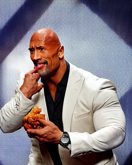 Image similar to dwayne johnson as colonel sanders eating fried chicken