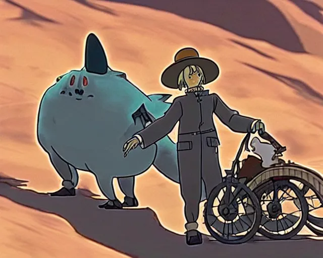 Image similar to a cell shaded cartoon grey six legged mechanic wolf from howl's moving castle ( 2 0 0 4 ), with a big head, on a desert road, wide shot, studio ghibli, hq