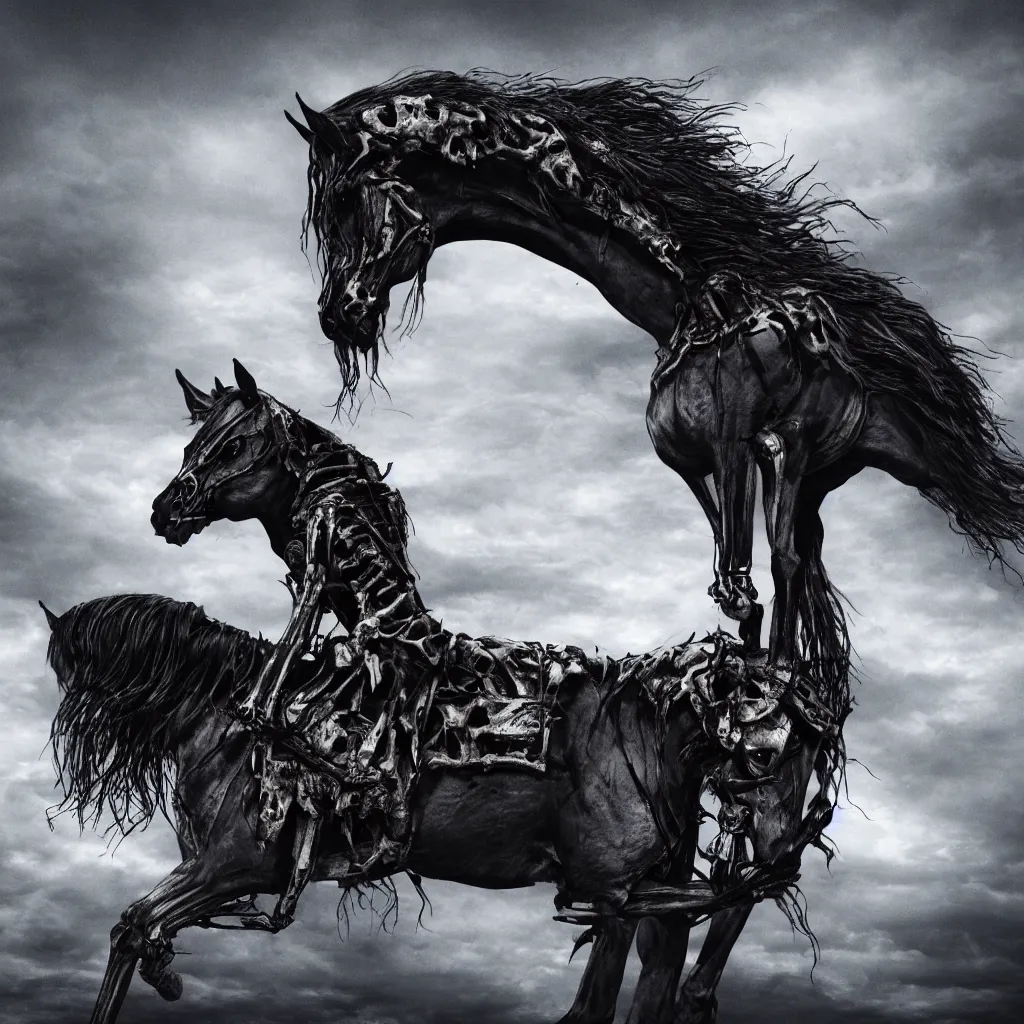 Image similar to a skeleton in a dark veil on a horse, dark and mysterious, stopped in time, atmospheric, ominous, eerie, cinematic, epic, 8 k, 4 k, ultra detail, ultra realistic