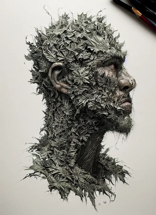 Image similar to portrait, a monster made out of pot leaves, watercolor, dramatic lighting, cinematic, establishing shot, extremely high detail, foto realistic, cinematic lighting, pen and ink, intricate line drawings, by Yoshitaka Amano, Ruan Jia, Kentaro Miura, Artgerm, post processed, concept art, artstation, matte painting, style by eddie mendoza, raphael lacoste, alex ross