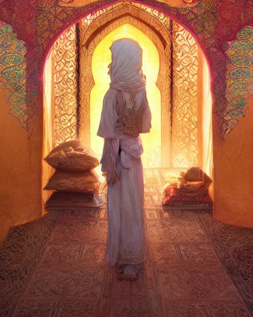 Image similar to bedouin in the desert worshipping in the mosque, highly detailed, gold filigree, romantic storybook fantasy, soft cinematic lighting, award, disney concept art watercolor illustration by mandy jurgens and alphonse mucha and alena aenami, pastel color palette, featured on artstation