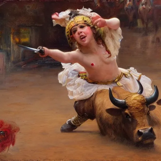 Image similar to a young girl defeating a bull with a sword, blood is splattering, highly detailed painting by gaston bussiere and j. c. leyendecker 8 k