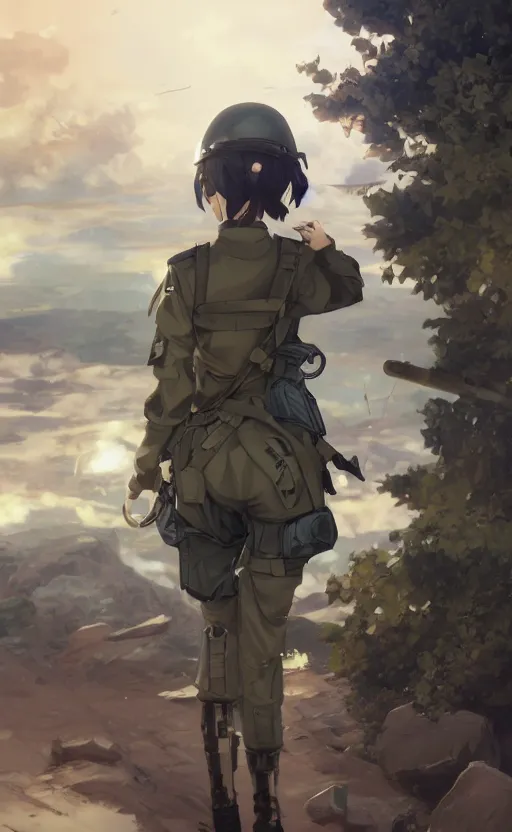 Image similar to panoramic view, a pilot girl, soldier clothing, battlefield in background, anime style, hair down, symmetrical facial features, realistic hands, from arknights, hyper realistic, 4 k, extreme detail, 1 0 1 st airborne, trending artstation, safebooru, realistic lighting, by alphonse mucha, greg rutkowski, sharp focus