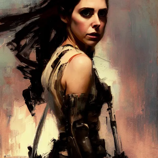 Image similar to alison brie as furiosa, intricate, elegant, highly detailed, greg manchess, mucha, liepke, ruan jia, jeffrey catherine jones, ridley scott