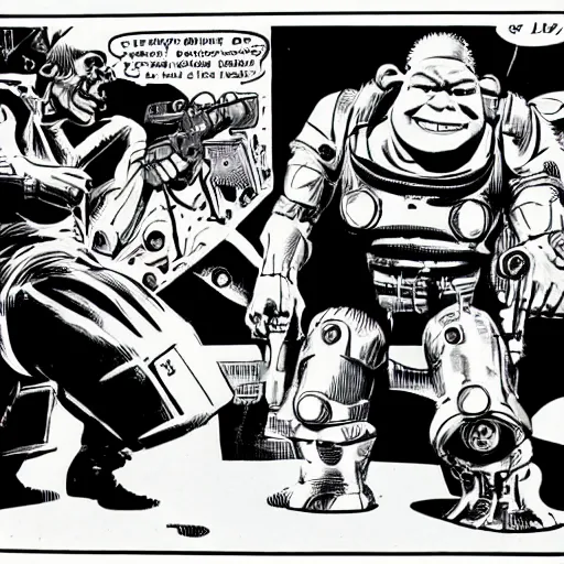 Image similar to terminator killing shrek, illustration by Jack Kirby