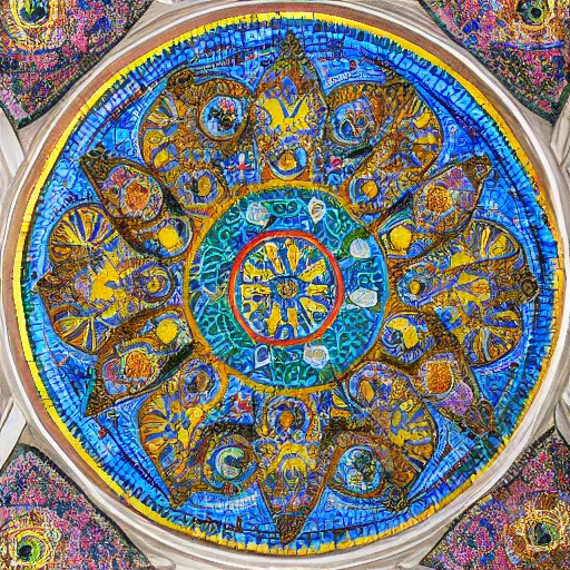 Prompt: An ancient mosaic of mandalas at a Turkish church, well preserved, photograph, wideview, 8k post processing