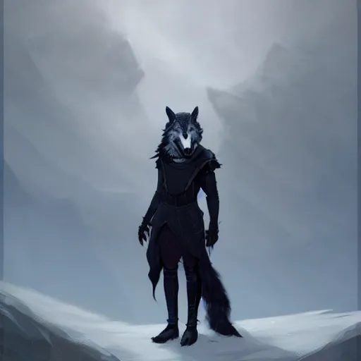 Prompt: an anthropomorphic wolf in a black doublet looking out over the hills, artstation hq, stylized, greg rutkowski, sharp focus, concept art, furaffinity fursona, furry