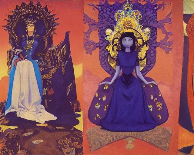 Prompt: a queen wearing a dress and a crown, and a veil on a stone throne by nicholas roerich, by gustave moreau, by james hawe, by yoshitaka amano, by georgia o keeffe, oil painting