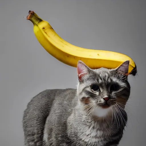 Image similar to a cat with banana on his head, professional photography