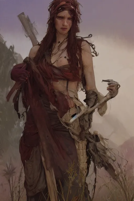 Image similar to a full body portrait of a beautiful post apocalyptic offworld enchanters district bedouin blind pulp fiction scarlet wild rogue barbarian leper begging by the roadside, intricate, elegant, highly detailed, digital painting, artstation, concept art, smooth, sharp focus, illustration, art by krenz cushart and artem demura and alphonse mucha