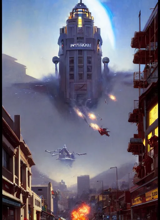 Prompt: hyper realistic robot attacking cape town city,. poster painted by light and magic by wizards of the coast norman rockwell, james gurney and greg rutkowski weta studio, and lucasfilm and best of artstation