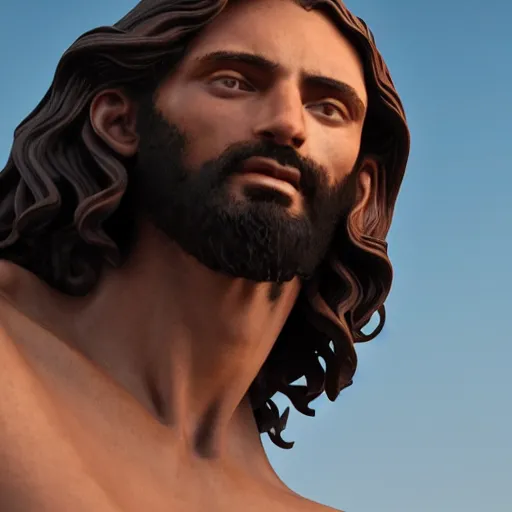 Image similar to an extremely detailed sculpture of a ridiculously good looking jesus that looks like a jewish gigachad posed like the christo redentor, long curly hair, elegant ancient greek dress, very detailed, standing on a mountain over rio de janeiro, beautiful, intricate, cinematic, artstation, william bouguereau, alphonse mucha, greg rutkowski, rossdraws, octane render