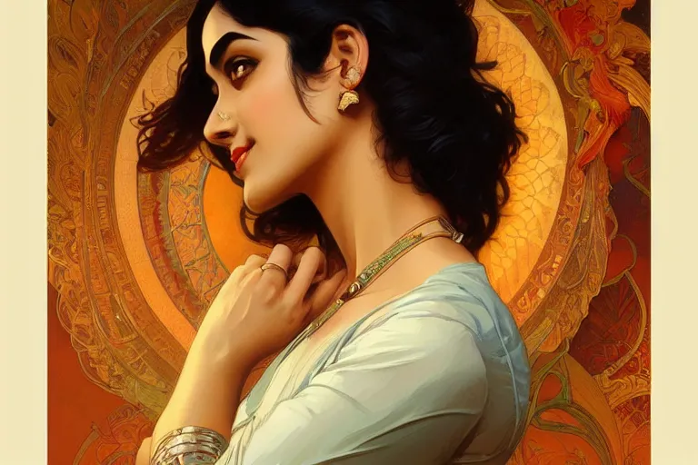 Image similar to sensual pale beautiful indian doctor in jeans, art deco portrait, elegant, intricate, digital painting, artstation, concept art, smooth, sharp focus, illustration, art by artgerm and greg rutkowski and alphonse mucha