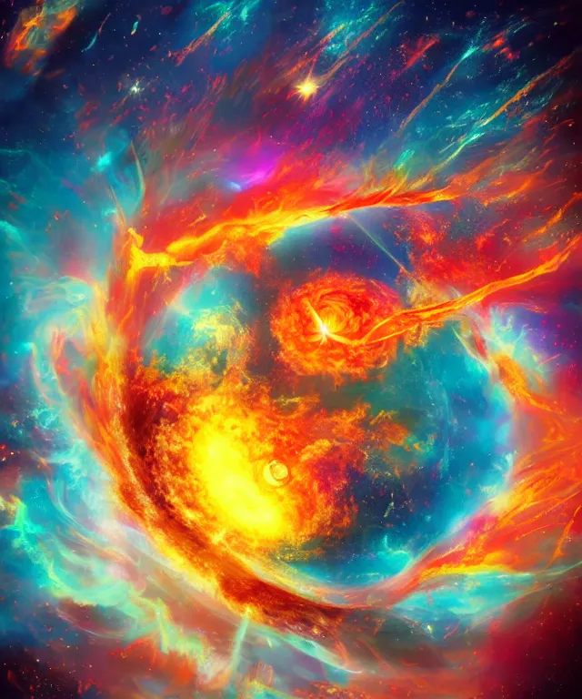 Image similar to black hole, sun, space, bright colors, surreal art, rule of thirds, phoenix flames, nebula clouds, soft tones