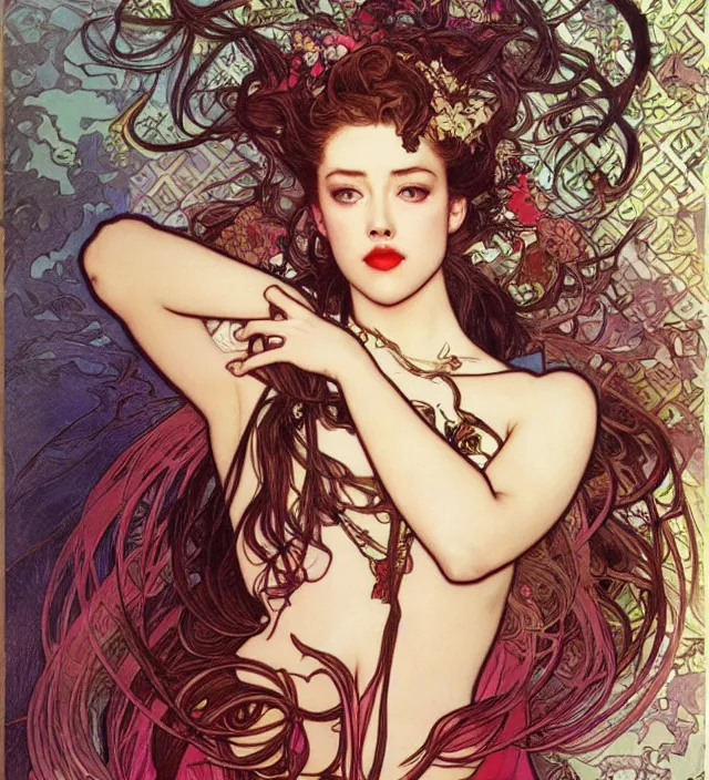 Prompt: amber heard by alphonse mucha, ayami kojima, yoshitaka amano