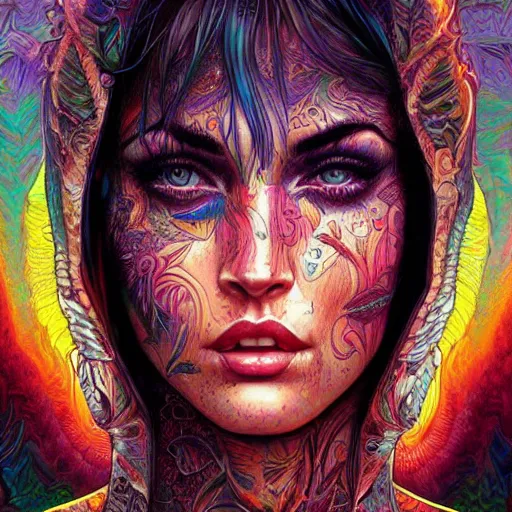 Image similar to portrait of megan fox, hyper detailed masterpiece, neon floral pattern, jean giraud, digital art painting, darkwave goth aesthetic, psychedelic, artgerm, donato giancola and tom bagshaw