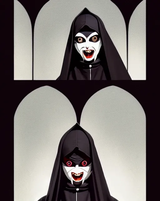 Image similar to single scary female vampire nun, symmetrical face, evil grin, nun outfit, portrait size, photoshoot, powerful, super detailed and intricate, by koson ohara, by darwyn cooke, by greg rutkowski, by satoshi kon