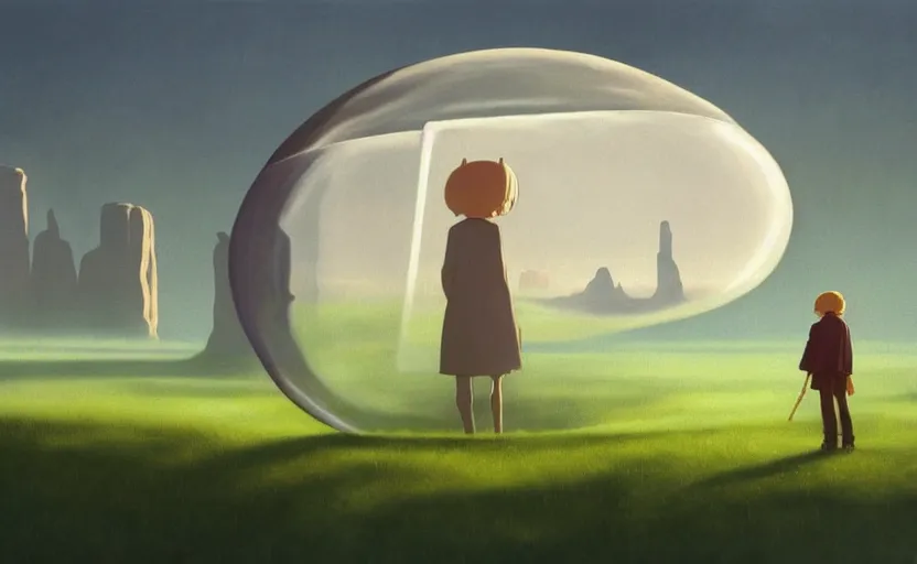 Image similar to hyperrealist painting of a cube inside a giant transparent bubble from howl's moving castle ( 2 0 0 4 ) in a flooded monument valley stonehenge jungle. 1 9 7 0 s science fiction, moody, misty, depth perception, 4 k, artstation, in the style of studio ghibli