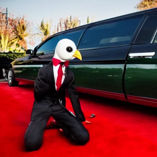 Prompt: a wide shot from a low angle of a chicken dressed in a suit stepping out of a limo and onto a red carpet