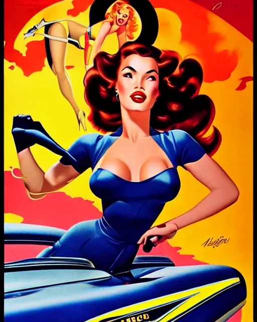 Prompt: beautiful retro space megan fox varga girl posing on a car in diesel punk city, windblown dark hair, retro pinup model, seductive, 1 9 4 0, hyper detailed, digital art, smooth, sharp focus, alberto vargas,