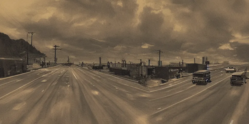 Prompt: “American dystopian highway in the style of Kurosawa”