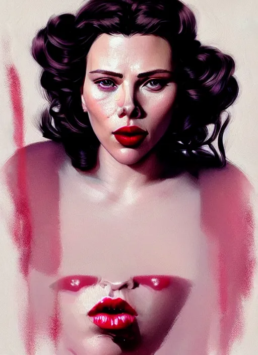 Prompt: highly detailed portrait of scarlett johanson with scarlet lips making a pogchamp face, poggers, photographic realistic background, ringlet hair by atey ghailan, by greg rutkowski, by greg tocchini, by james gilleard, by joe fenton, by kaethe butcher, gradient pink, black, cream and white color scheme, trending in instagram, award winning details