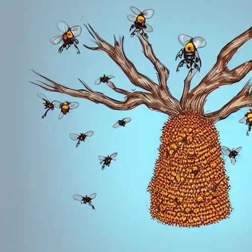 Image similar to digital illustration of a beehive hanging from a tree, with little bees that look like campfires coming out of it, trending on artstation