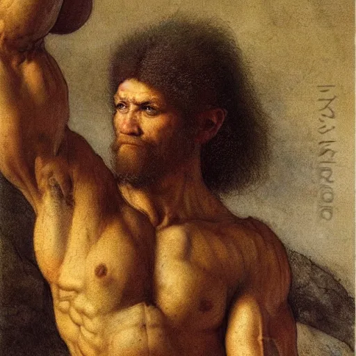 Prompt: the most muscular athlete in the world of, dnd card art, fantasy comics, pen drawing, hyper detailed, extremely complex, hyper realistic, intricate classic art, masterful, great works of the masters, art by rembrandt and leonardo da vinci