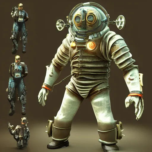 Image similar to 3 d render of a bioshock big daddy wearing the deadspace engineering suit, unreal engine 5, isaac clarke themed, high detail 3 d render,