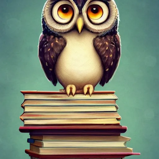 Image similar to long shot of a cute friendly owl sitting on a pile of books, by naoto hatori, by yoshita amano, by esao andrews, fancy illustration hyperrealistic, big depth of field, fresh colors, moody evening light, 3 d octane render conceptart, 4 k, highly detailed, trending on artstation