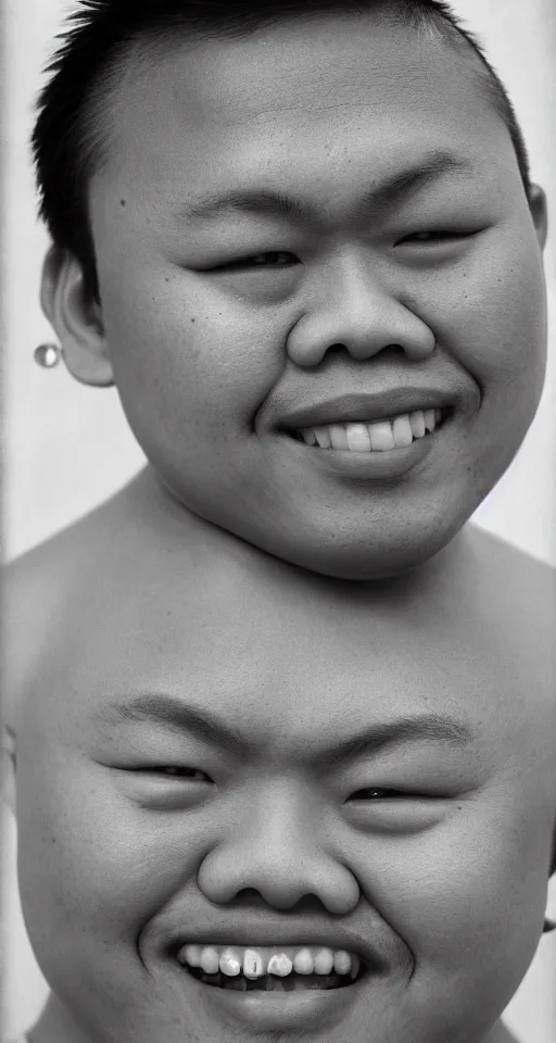 Image similar to close up photograph of just one single fat filipino teenage man smiling with crooked teeth, a curly perm, peach fuzz mustache, small studded earings, 4 k, photorealistic, high detail by yousuf karsh