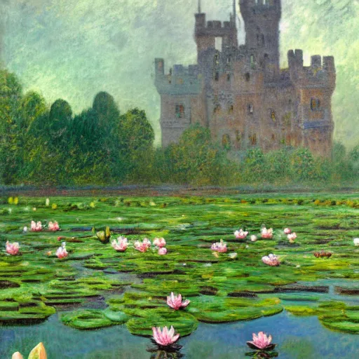 Image similar to close - up of a smiling frog in the pond with water lilies, medieval castle on background, shallow depth of field, highly detailed, ominous, digital art, masterpiece, matte painting, sharp focus, matte painting, by isaac levitan, monet, asher brown durand,