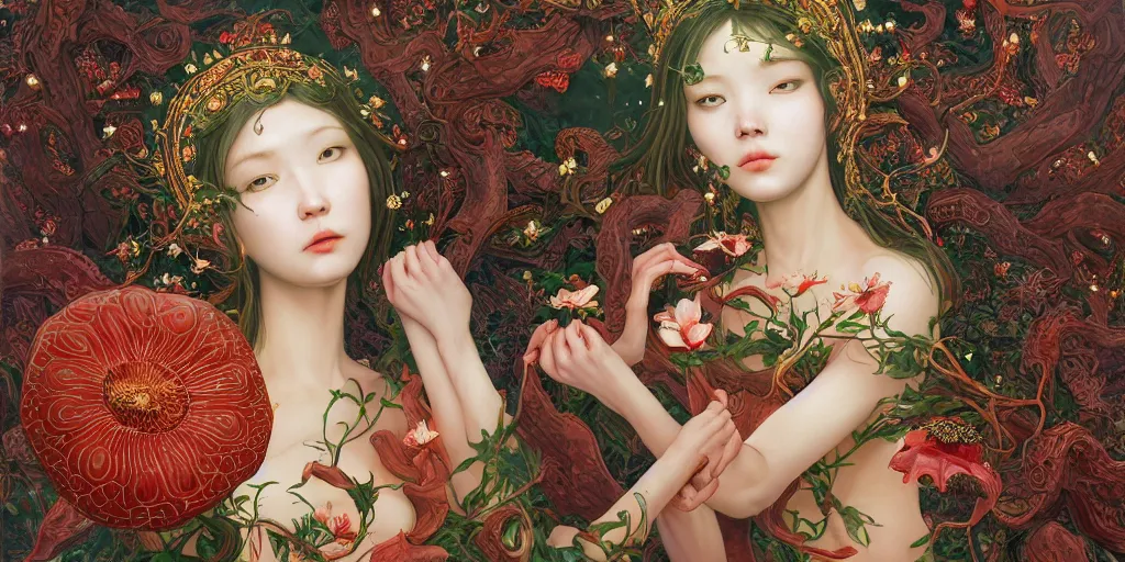 Image similar to breathtaking detailed concept art painting of the goddess of rafflesia arnoldii flowers, orthodox saint, with anxious, piercing eyes, ornate background, amalgamation of leaves and flowers, by Hsiao-Ron Cheng, James jean, Miho Hirano, Hayao Miyazaki, extremely moody lighting, 8K