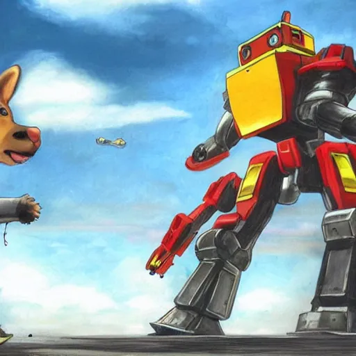 Image similar to a corgi fighting a giant robot on a cloudy day while god watches from above