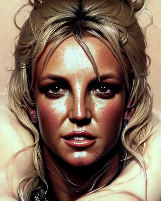 Image similar to britney spears, thicc, character portrait, portrait, close up, concept art, intricate details, highly detailed by greg rutkowski, michael whelan and gustave dore