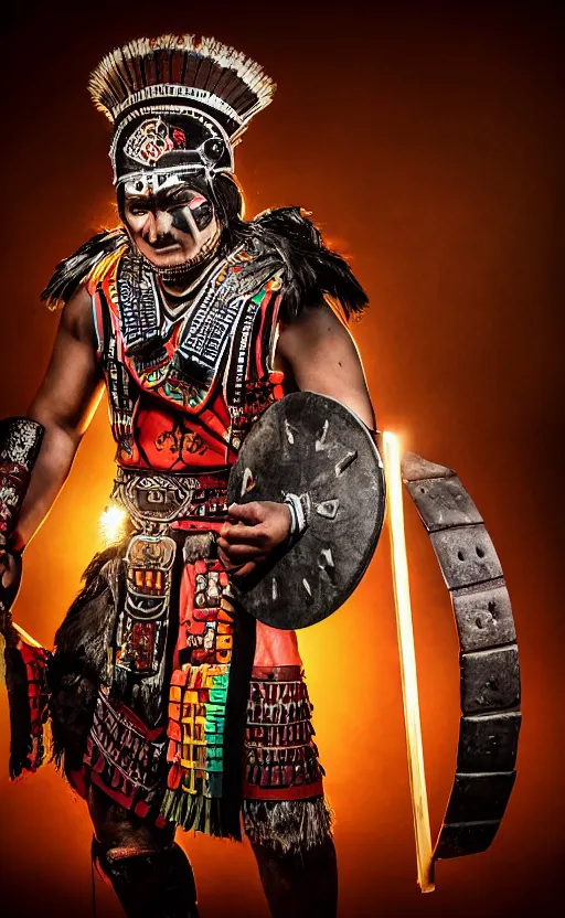 Prompt: Aztec warrior's, editorial photograph, dark lighting, glowing screens, indoor Pizza Hut