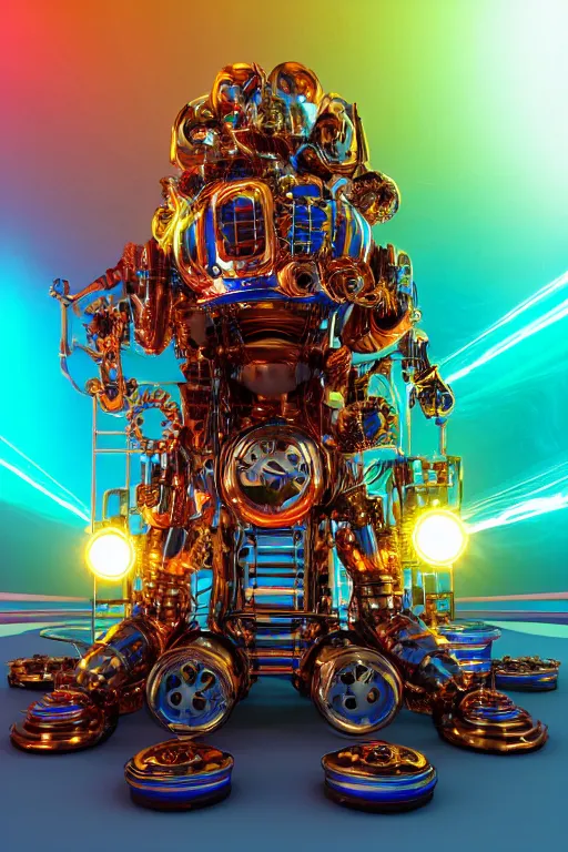 Image similar to portrait photo of a giant huge golden and blue metal futuristic steampunk robot covered with multicolored big gears and tubes, a huge steampunk drumset, eyes are glowing red lightbulbs, shiny crisp finish, 3 d render, 8 k, insaneley detailed, fluorescent colors, background is multicolored lasershow